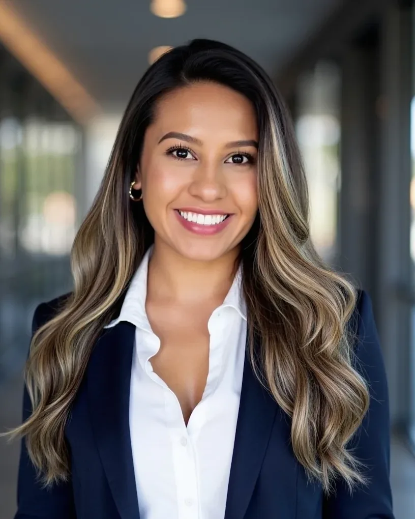 Emily Daza in a navy blazer, smiling