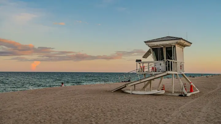 Lifeguard stand on a South Florida beach at sunset
